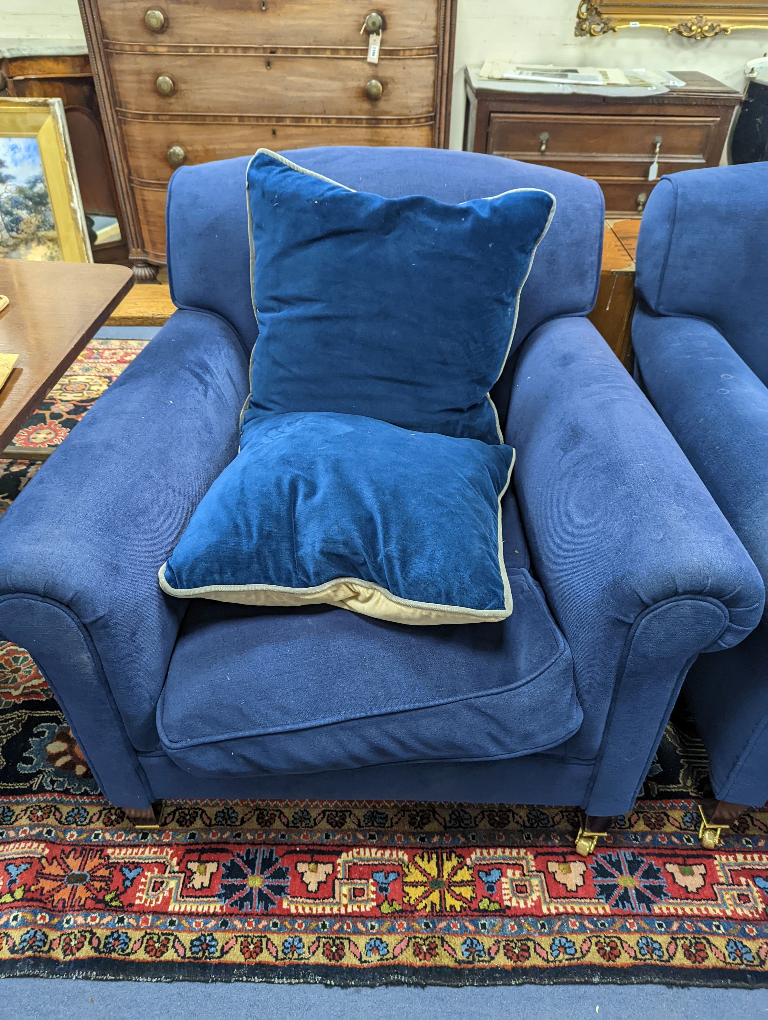 A pair of George Smith blue fabric armchairs, width 90cm, depth 100cm, height 80cm